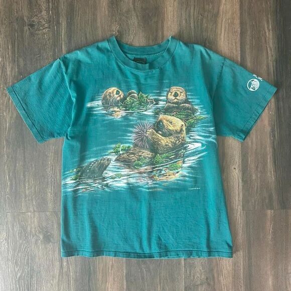 Habitat Other - Vtg 1994 Otters Habitat Graphic Wraparound Teal Shirt Men's Large Single Stitch